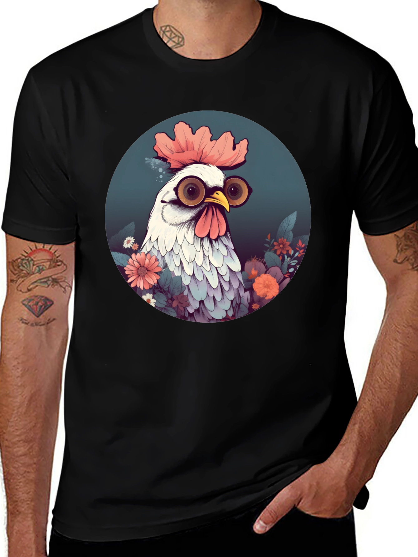 Quirky Chicken Graphic Tee - Round Neck, Black