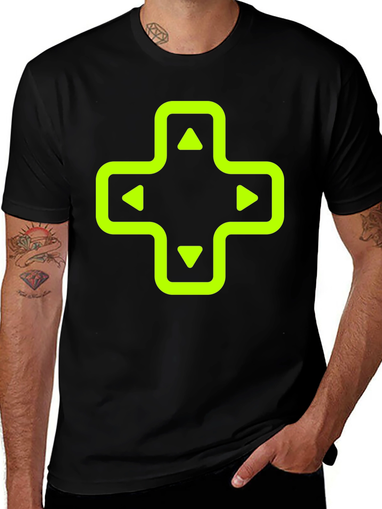 Retro Gamer Black T-Shirt - Neon D-Pad Design