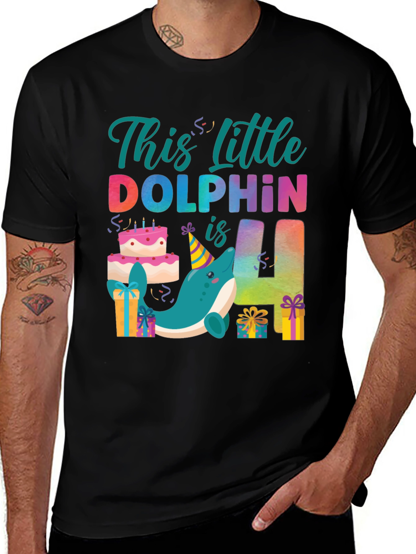 Variant 14 of Dolphin Birthday T-Shirt - "This Little Dolphin is 4"