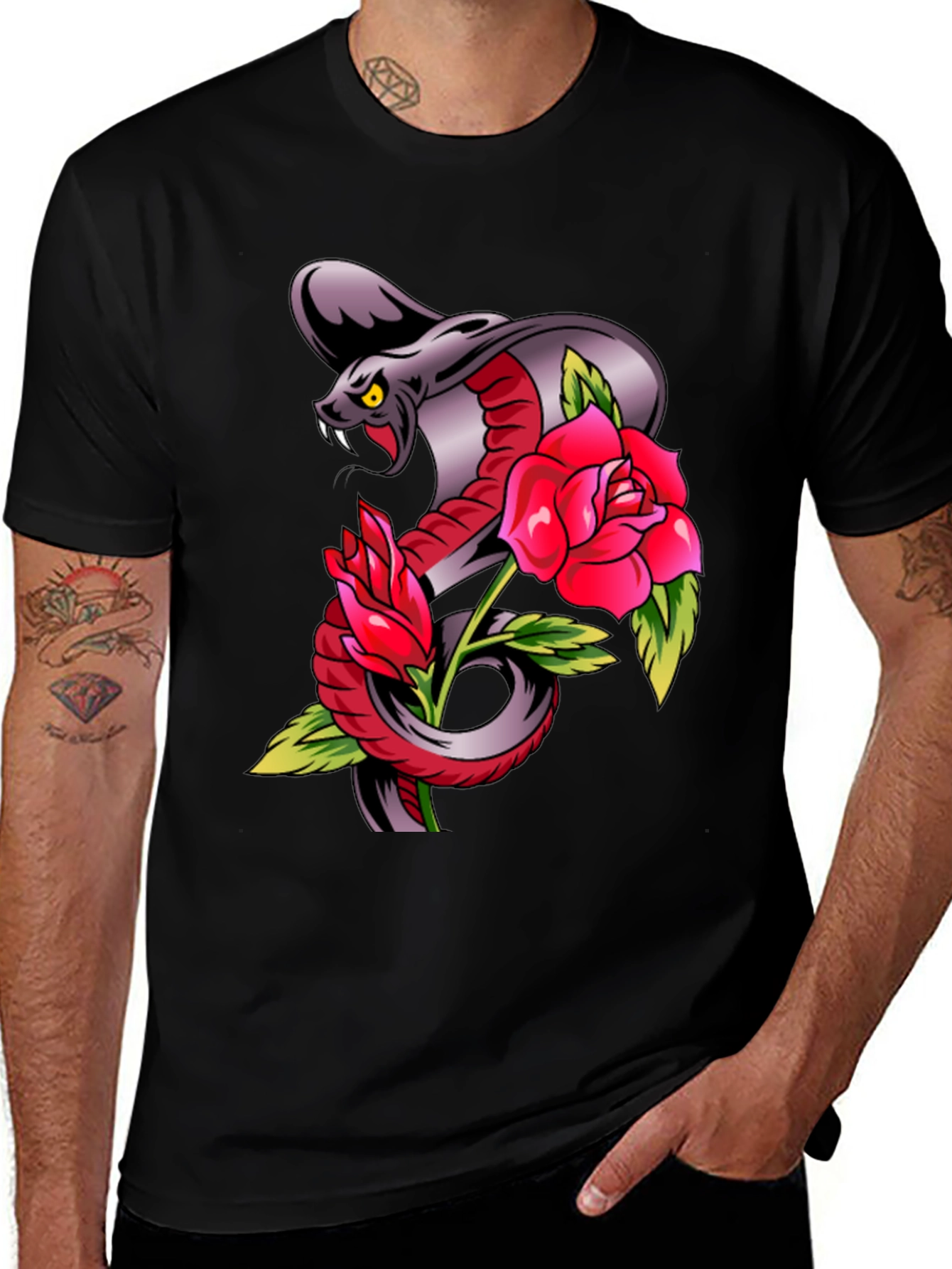 Cobra & Roses Graphic Print Black T-Shirt