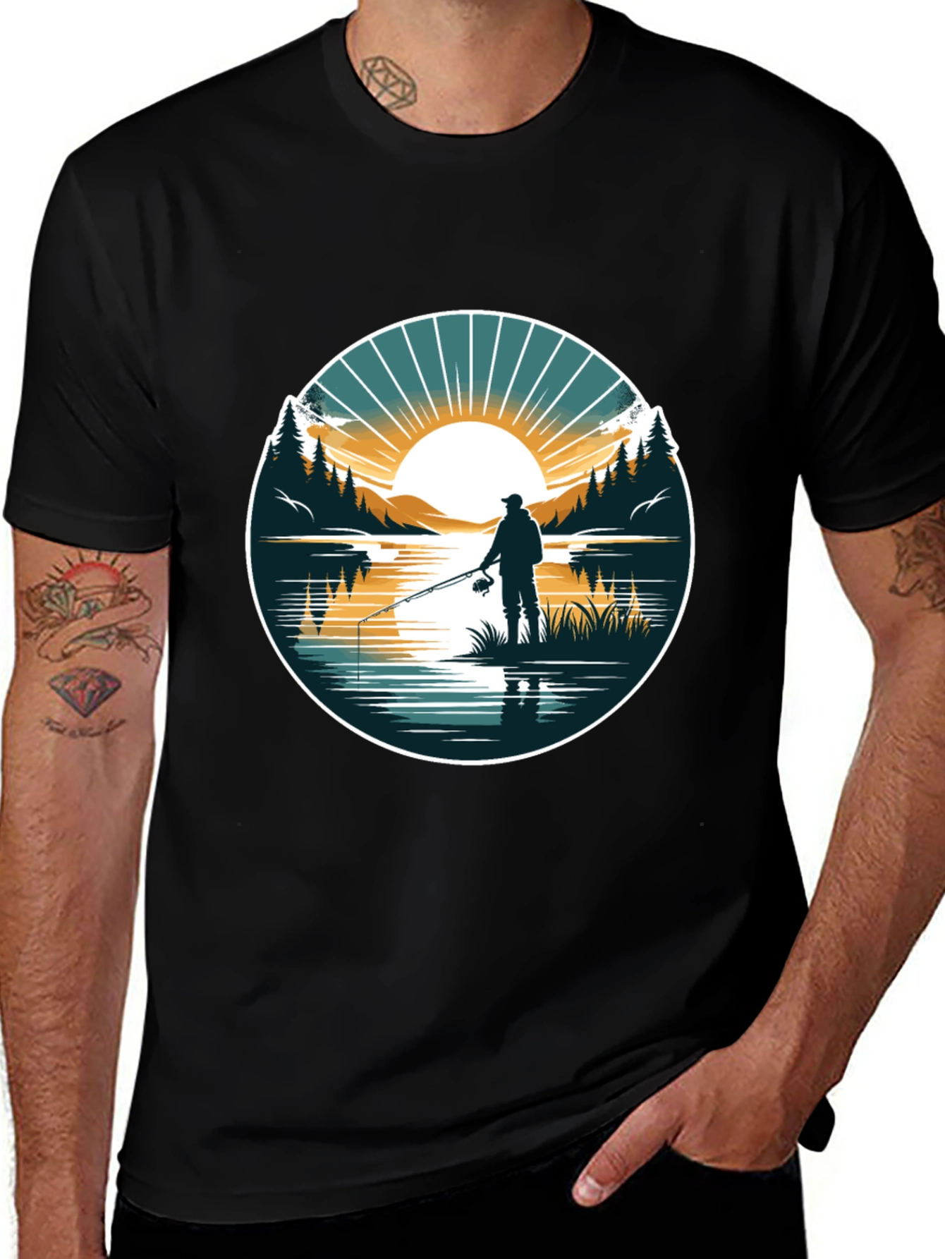 Variant 10 of Fishing Scene Graphic Tee - Nature Lover's Black T-Shirt