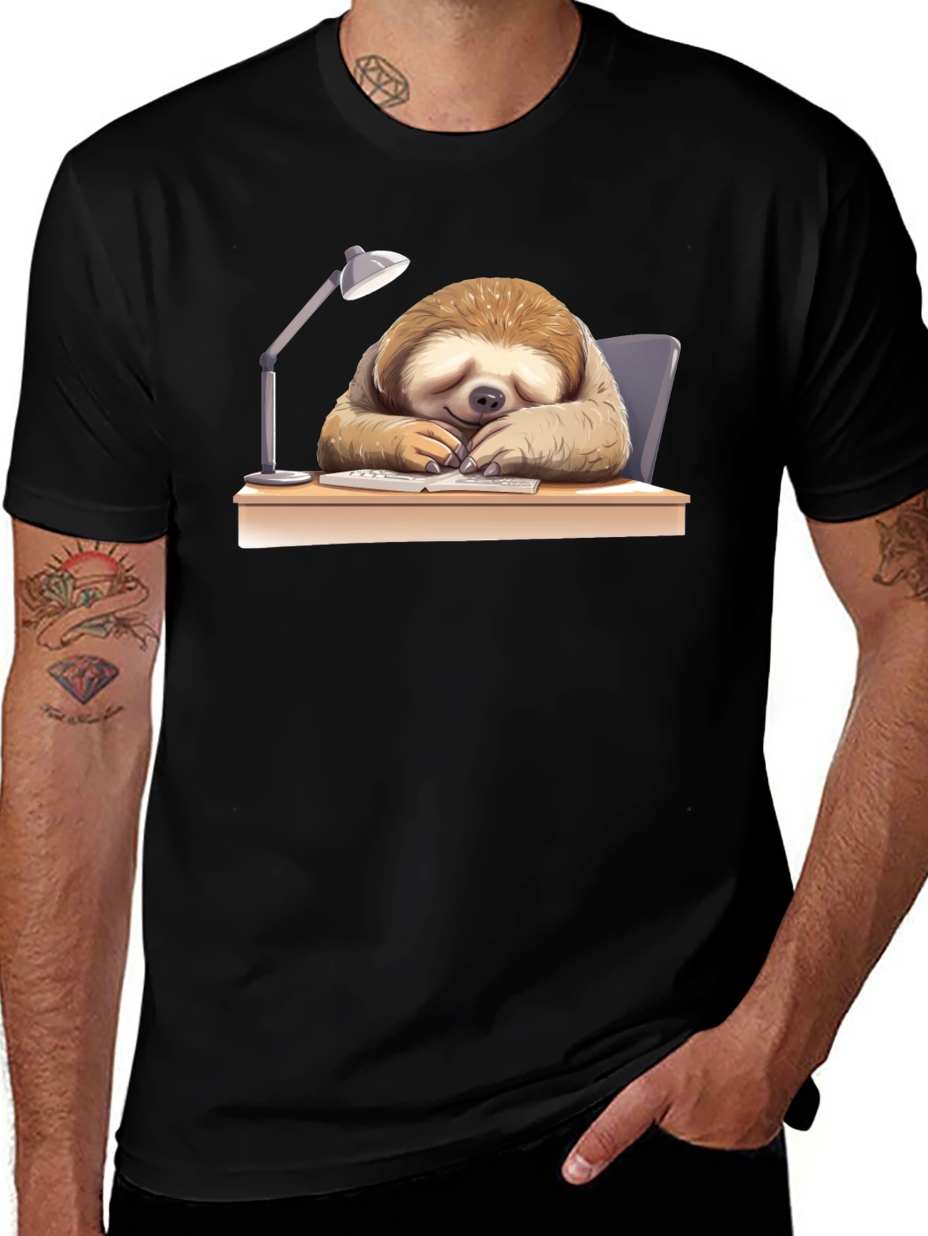 Variant 6 of Funny Sloth at Desk Graphic Tee - Black Cotton T-Shirt