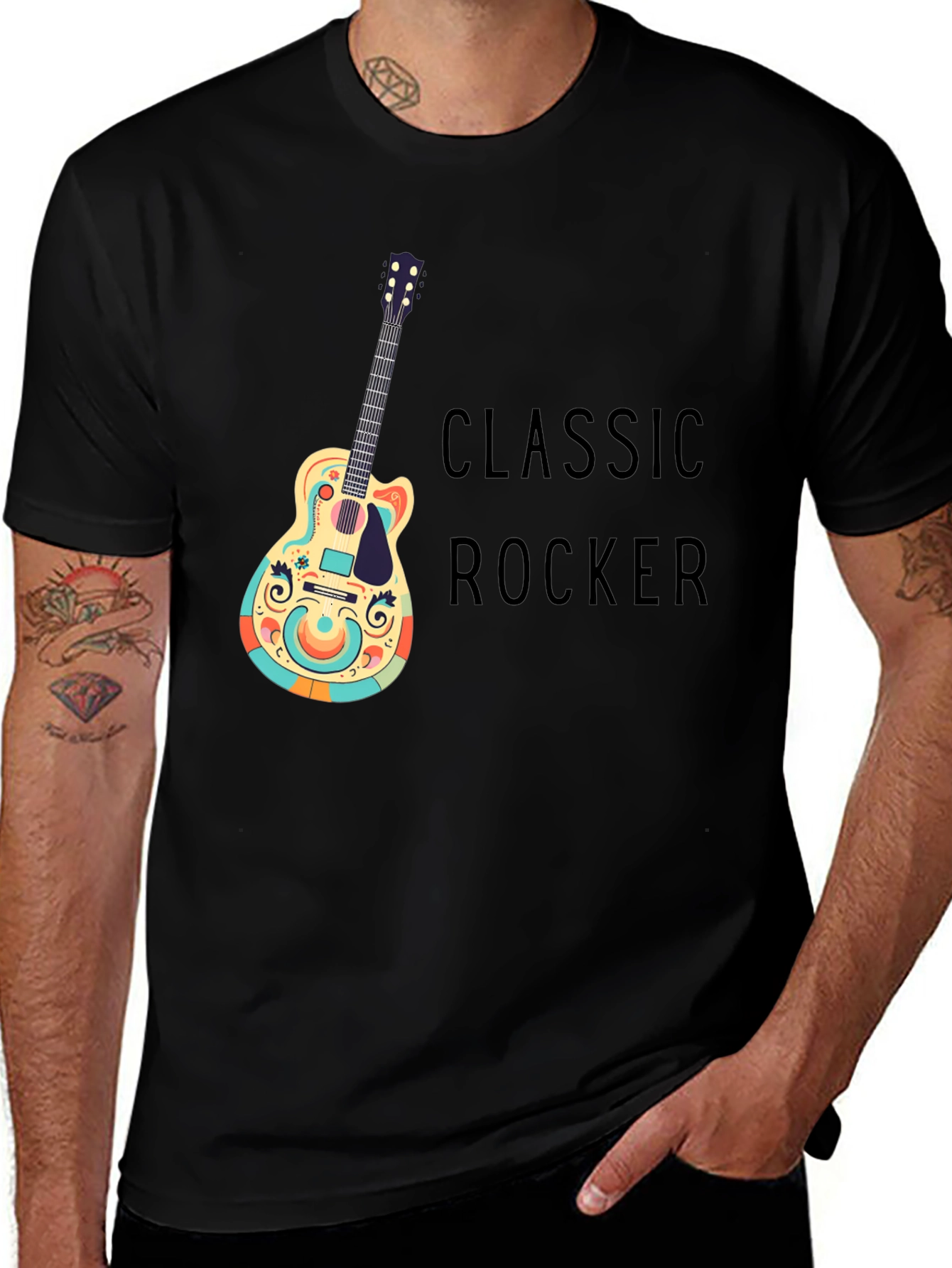 Variant 28 of Classic Rocker Guitar Graphic Tee - Black Cotton T-Shirt
