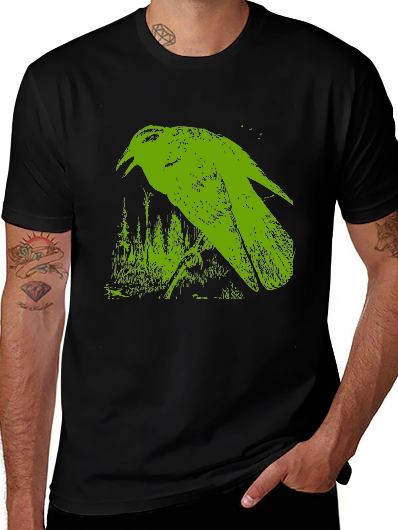 Variant 8 of Green Crow Graphic Black T-Shirt