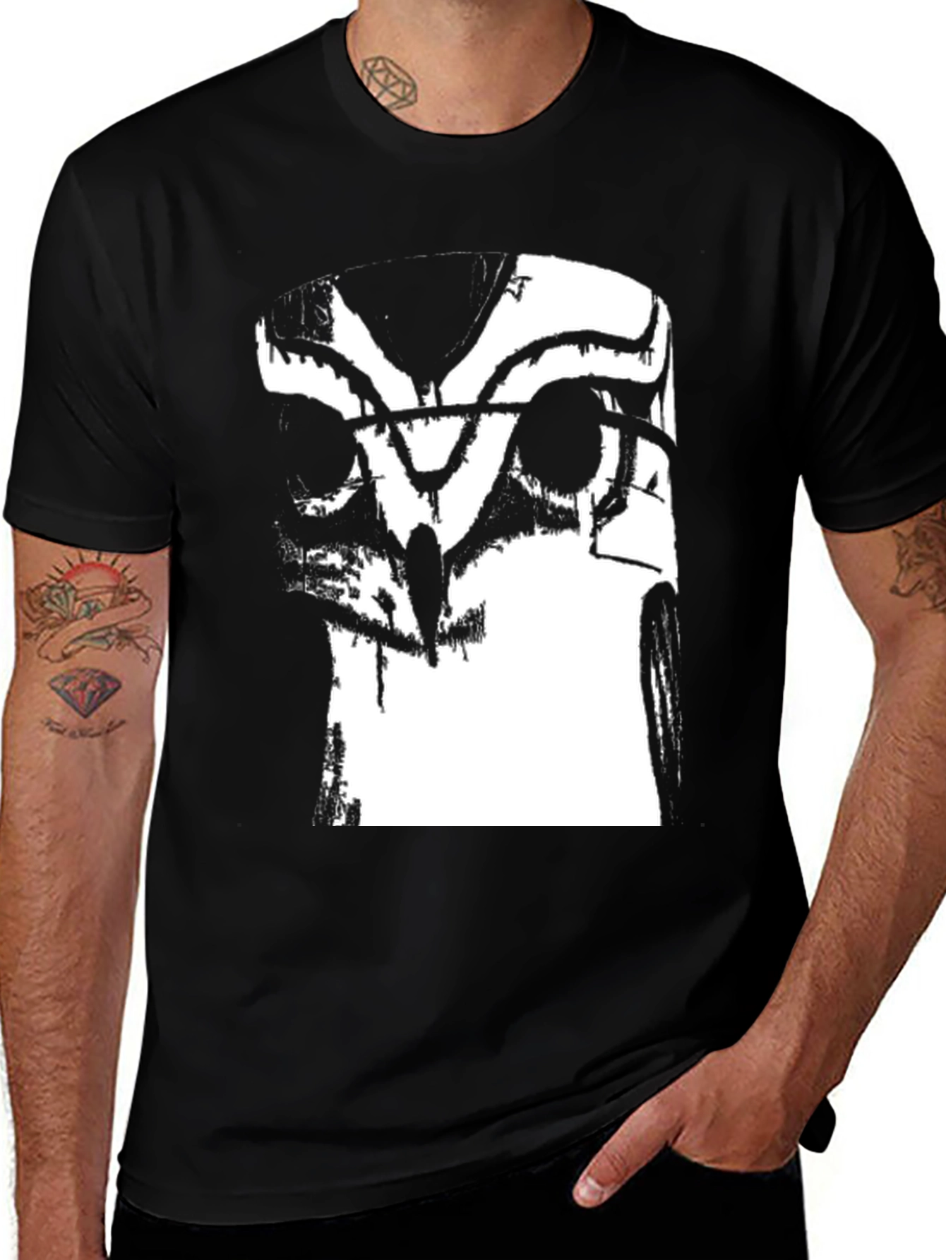 Variant 2 of Abstract Owl Graphic Tee - Black Cotton Blend