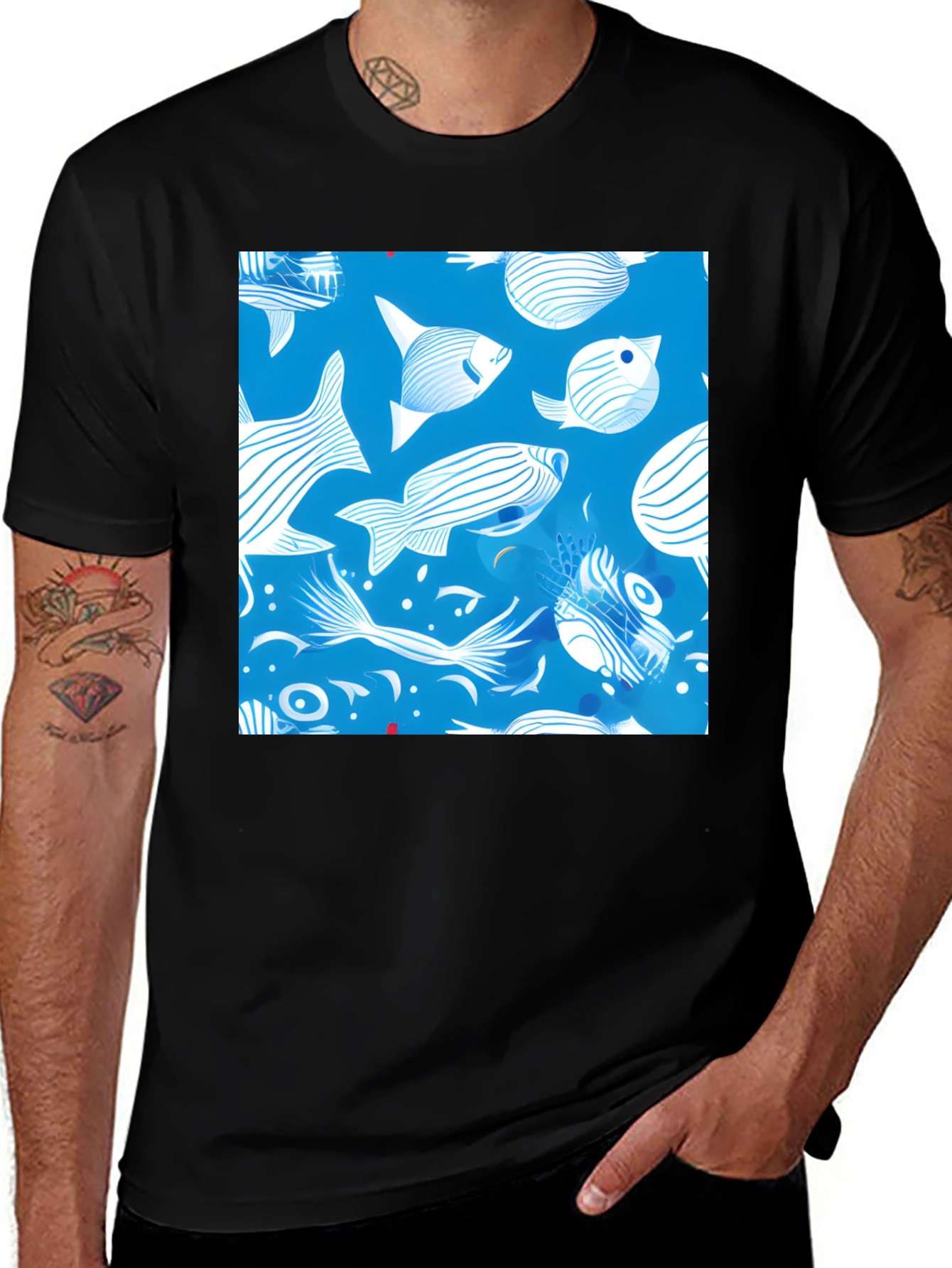 Variant 26 of Ocean Fish Pattern Black T-Shirt