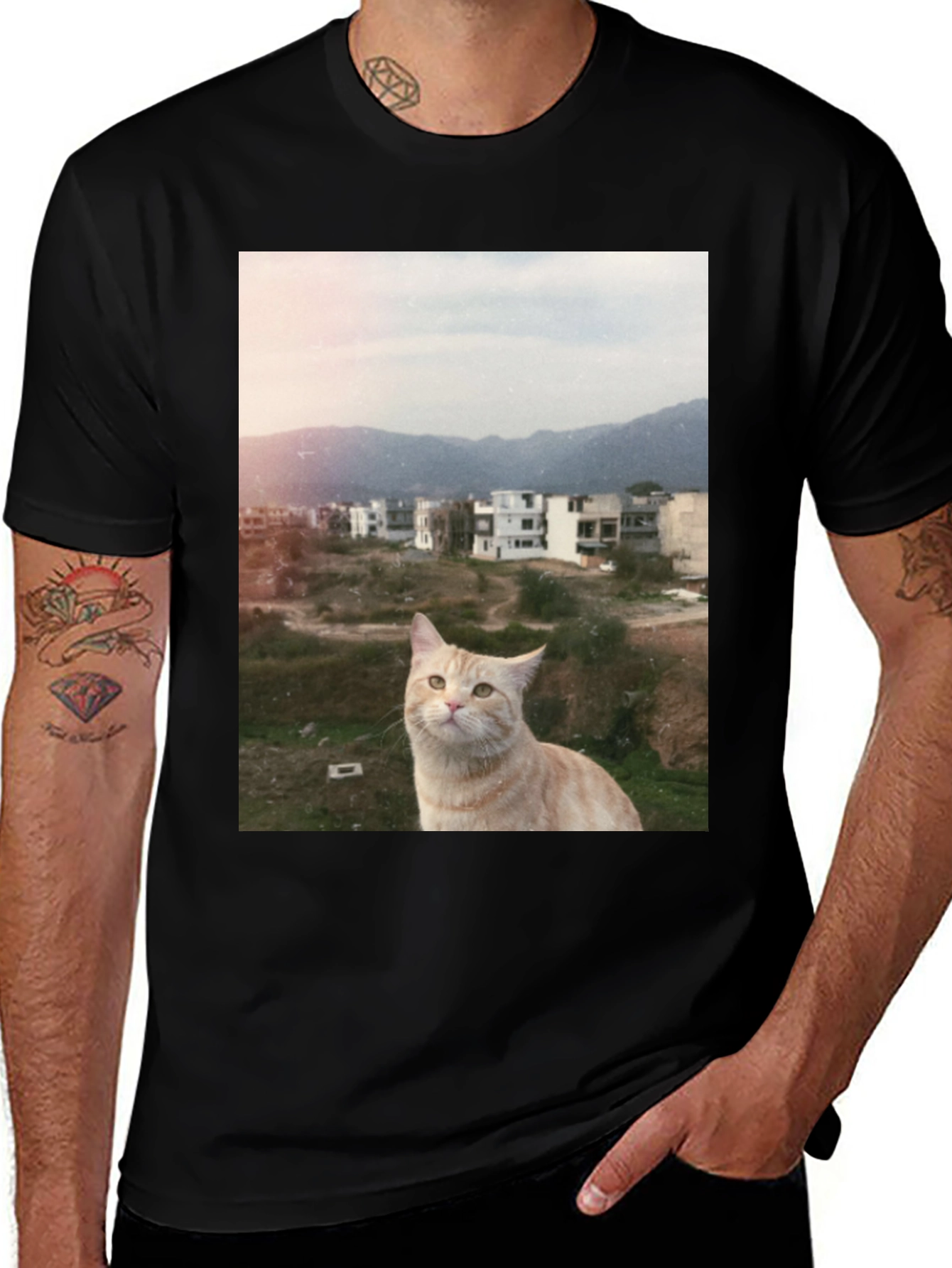 Variant 29 of Cat & Scenery Print Black T-Shirt
