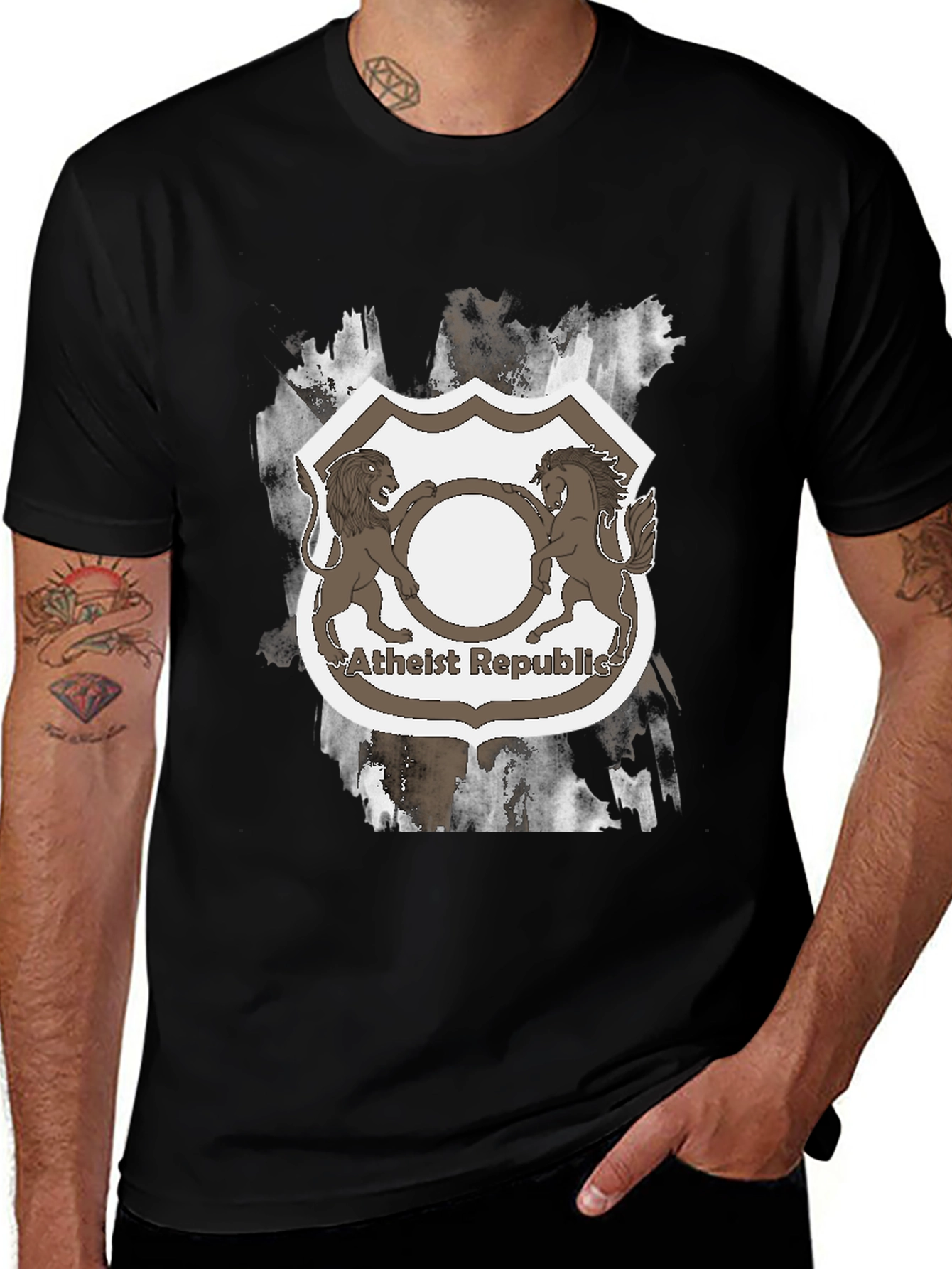 Variant 26 of Atheist Republic Lion & Horse Crest Graphic Tee
