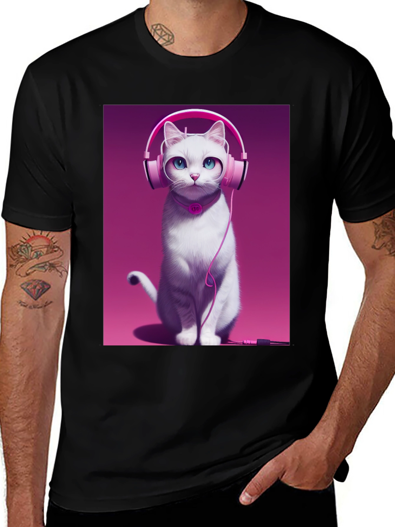 Variant 10 of Cat with Headphones Graphic Tee - Black Cotton Shirt