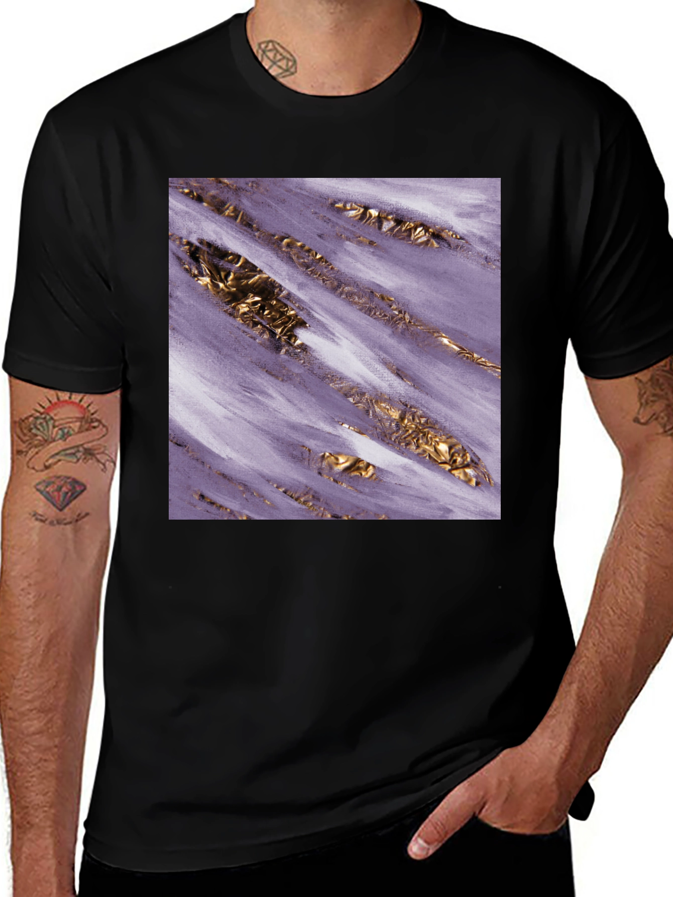 Black Abstract Gold & Purple Graphic Tee main image