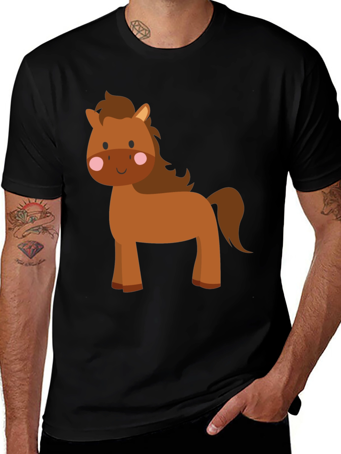 Variant 13 of Cute Cartoon Horse Graphic Tee - Black