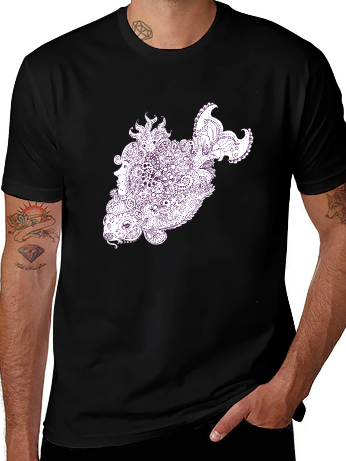 Variant 25 of Abstract Fish Graphic T-Shirt - Black Crew Neck