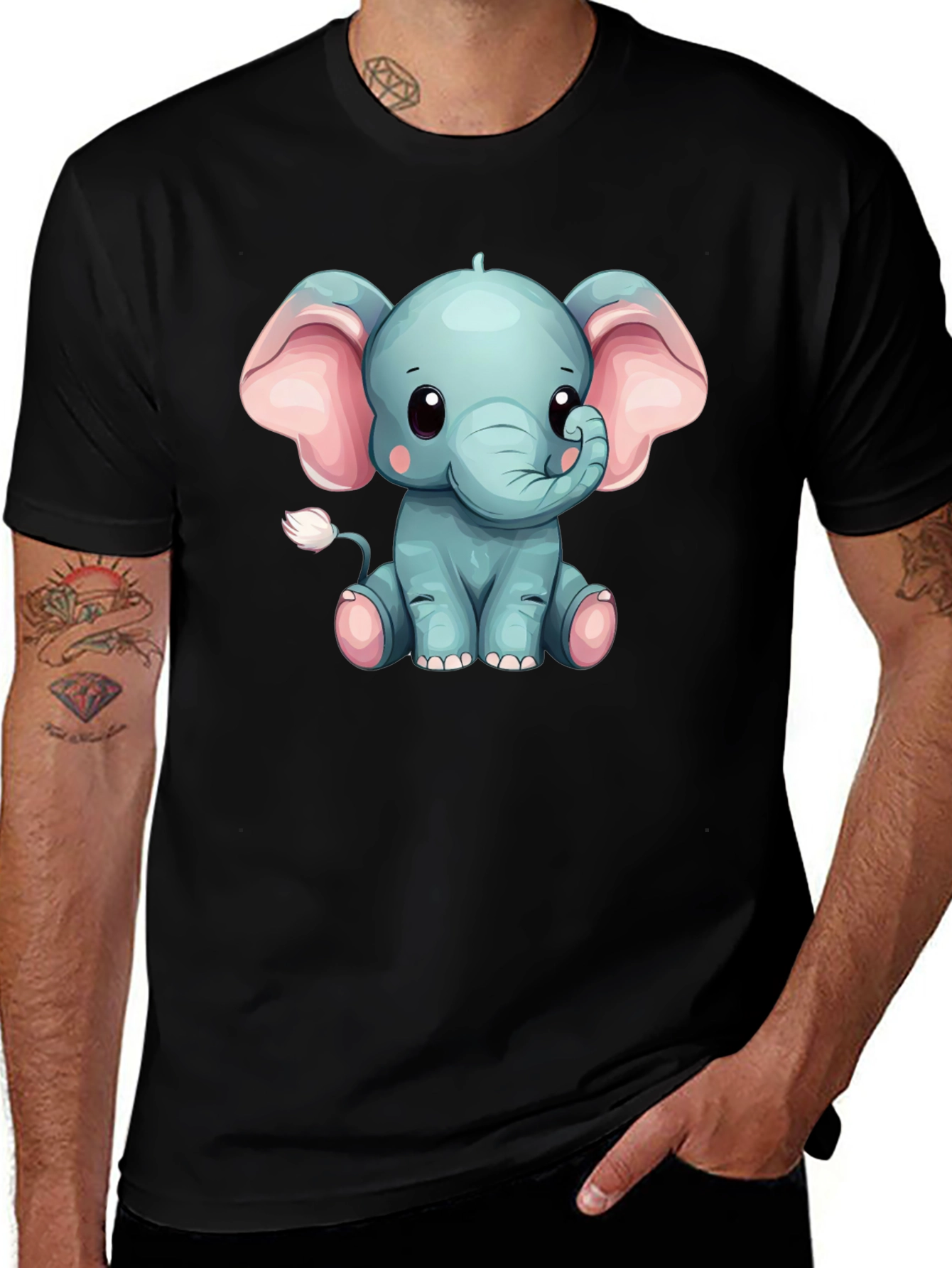 Variant 26 of Cute Cartoon Elephant Graphic Tee - Black T-Shirt