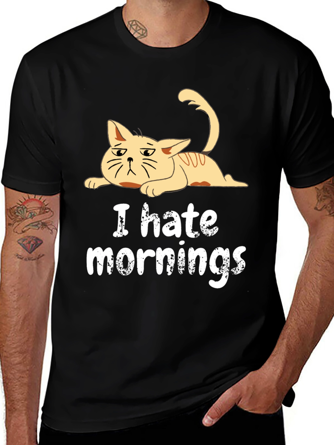 Variant 24 of I Hate Mornings Cat T-Shirt - Black Cotton Tee