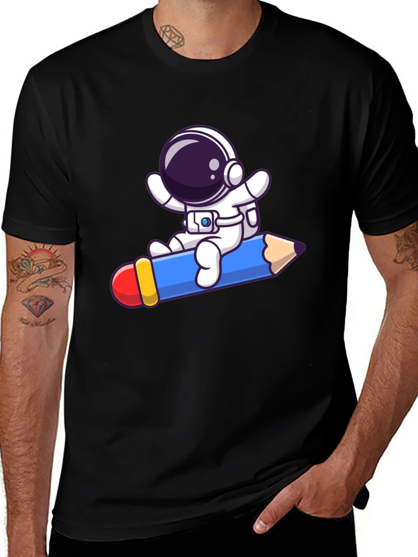 Variant 23 of Astronaut Pencil Ride T-Shirt - Black Cotton Graphic Tee