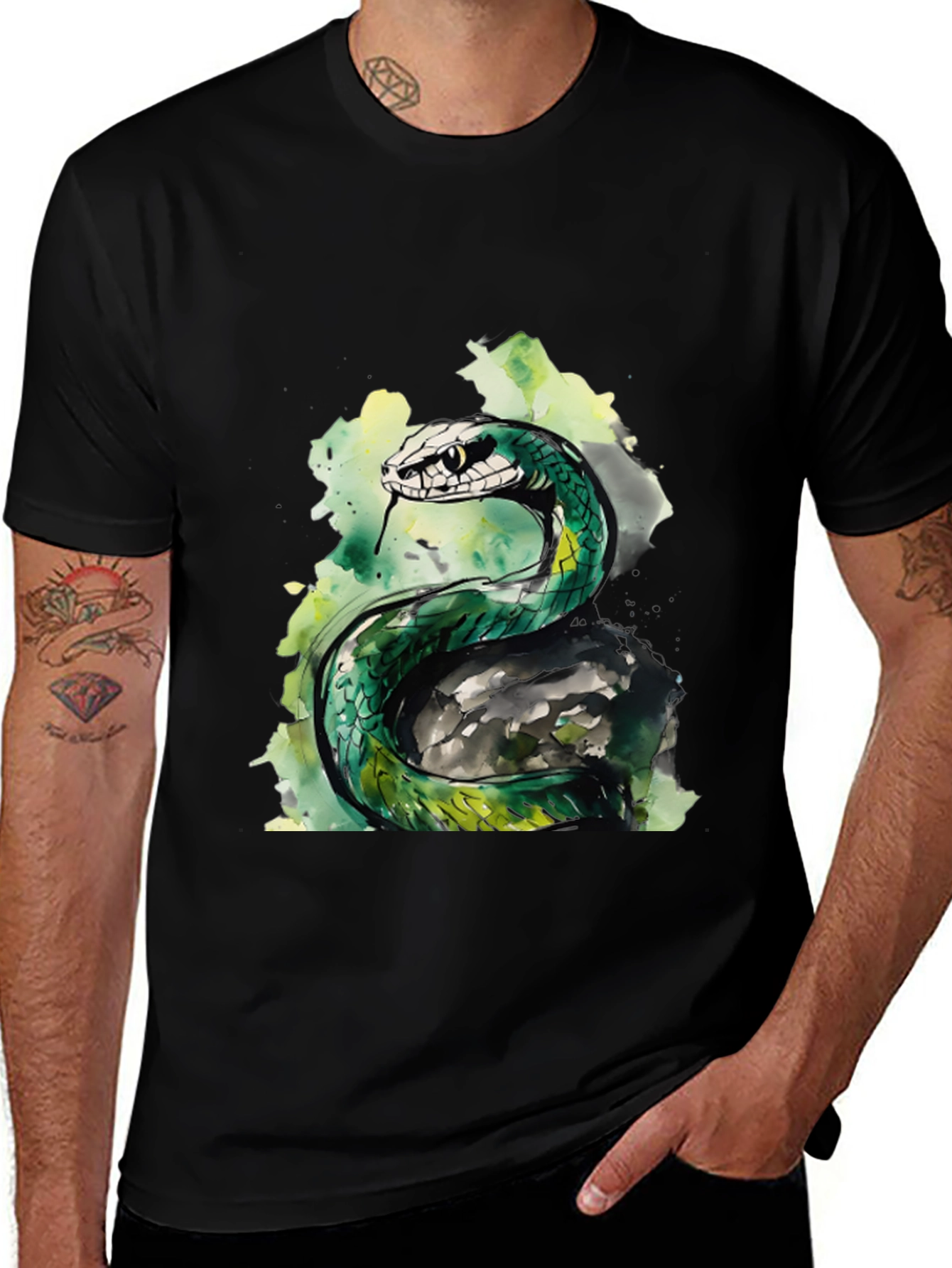 Variant 22 of Snake Watercolor T-Shirt - Men's Black Tee