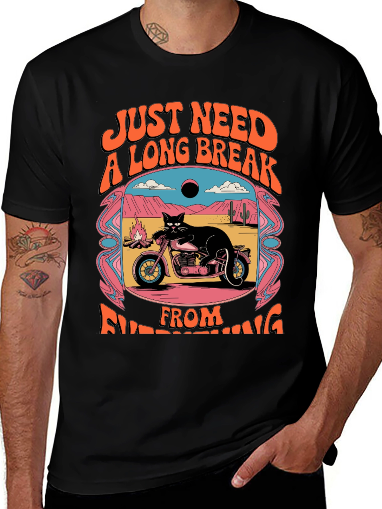 Variant 27 of Black T-Shirt: Cat on Motorcycle - 'Just Need A Long Break'
