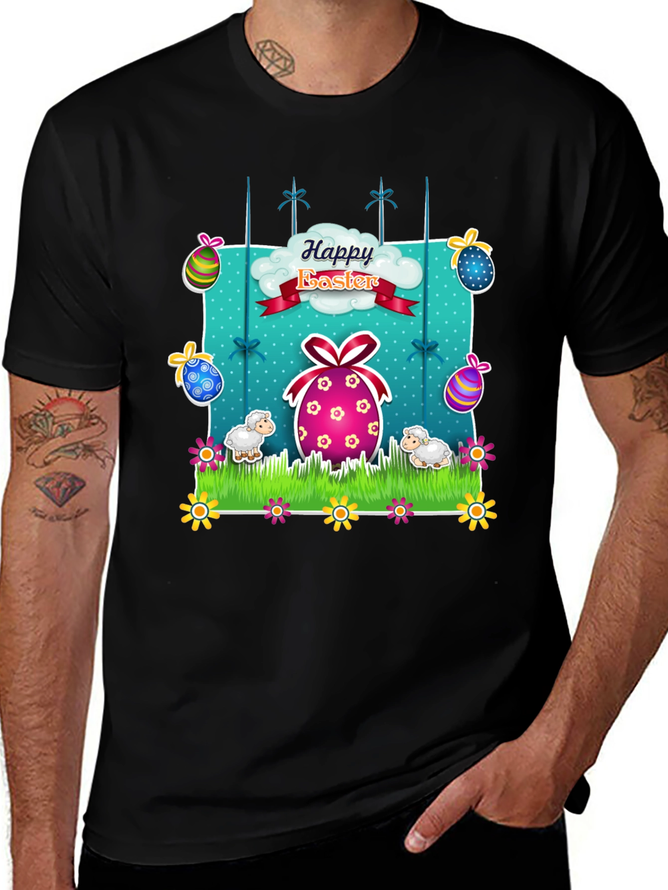 Happy Easter T-Shirt: Cute Lambs & Colorful Eggs