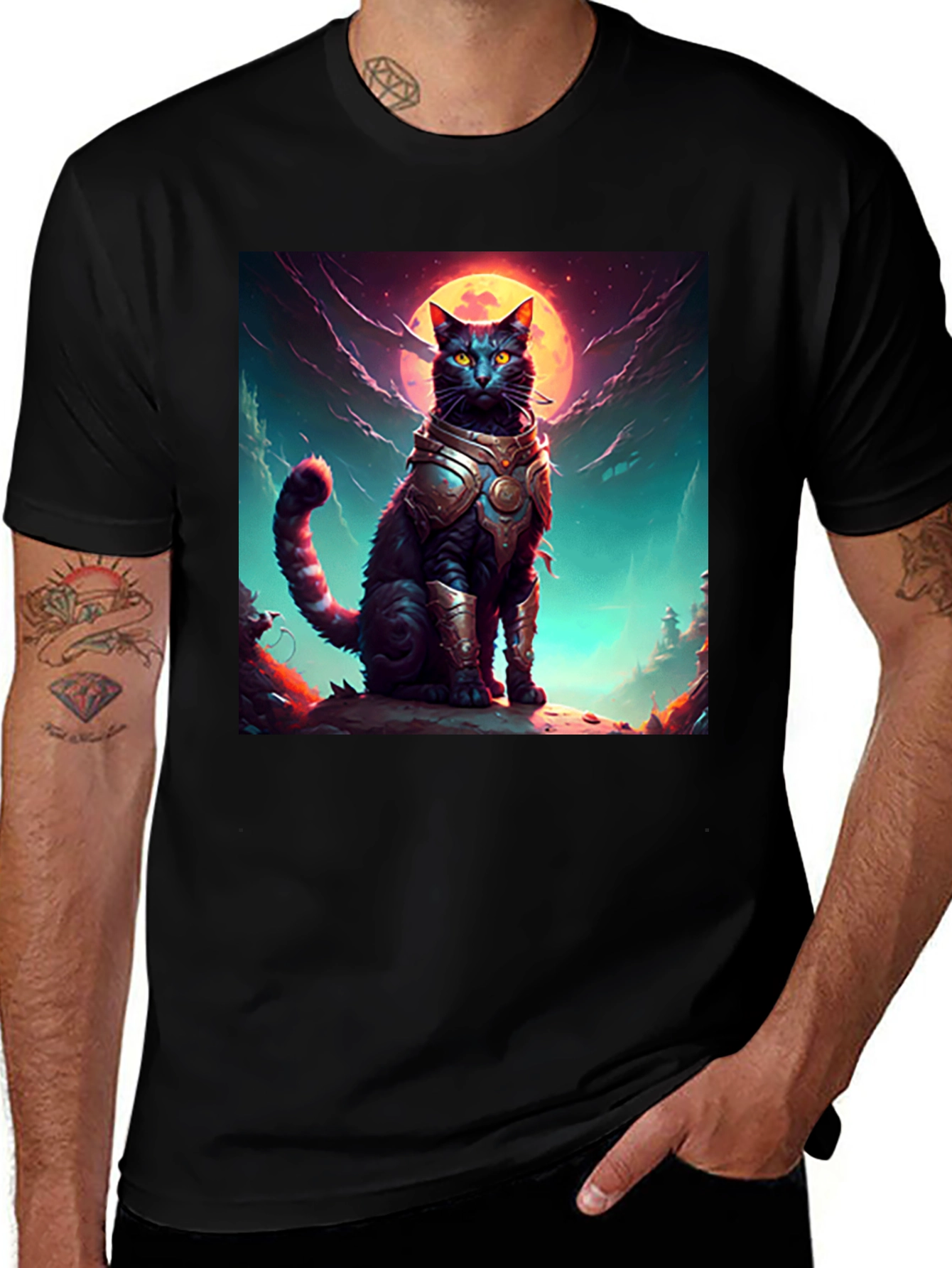 Variant 14 of Black T-Shirt with Armored Cat Graphic