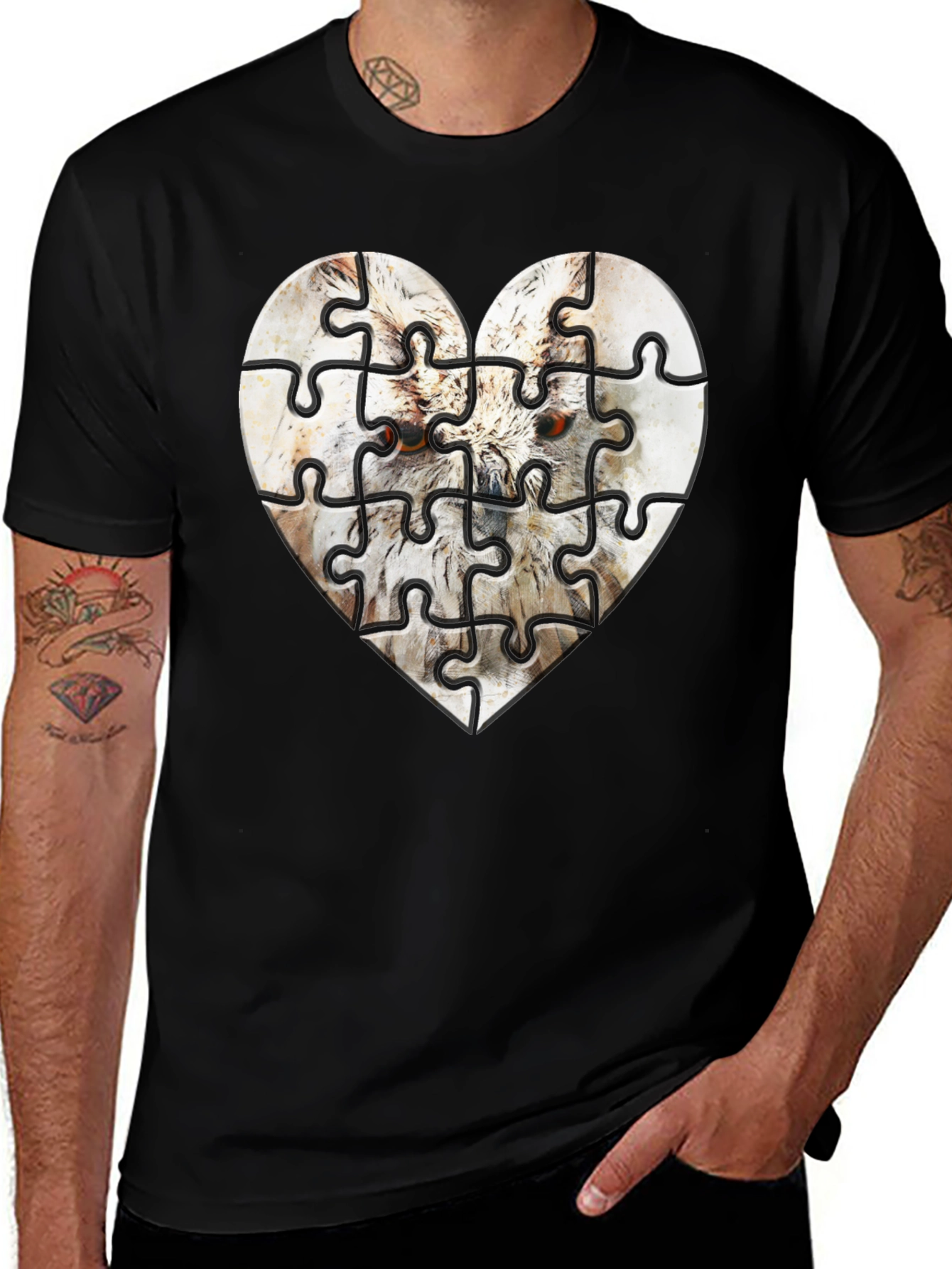 Variant 16 of Heart Owl Puzzle Graphic Tee - Men's Black T-Shirt