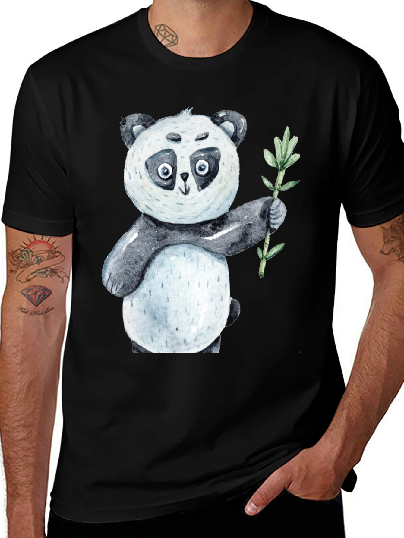 Variant 16 of Cute Panda Bear Holding Bamboo Black T-Shirt