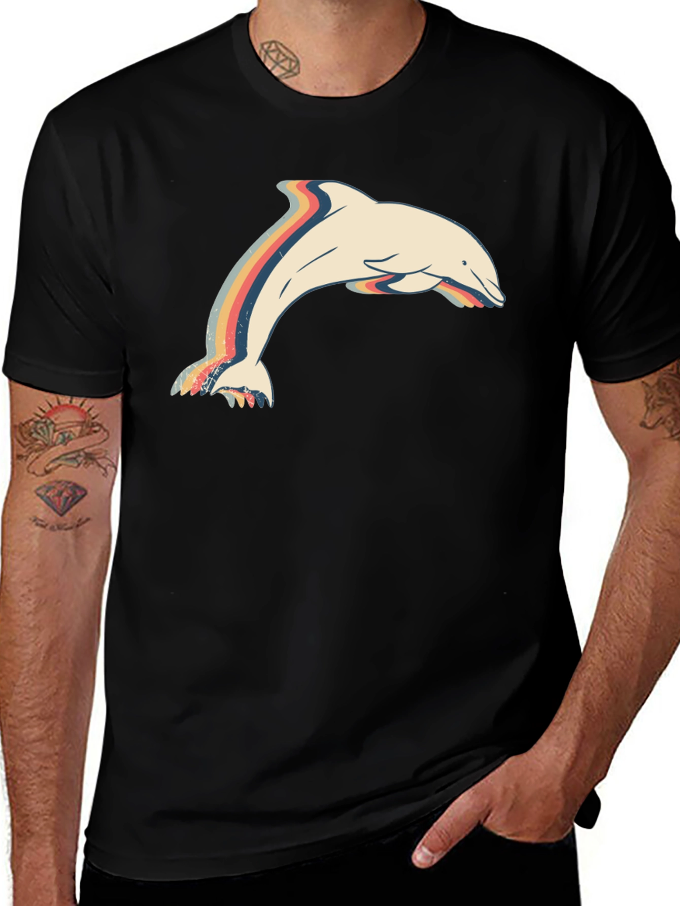Variant 11 of Retro Dolphin Graphic Tee - Stylish Men's Black T-Shirt