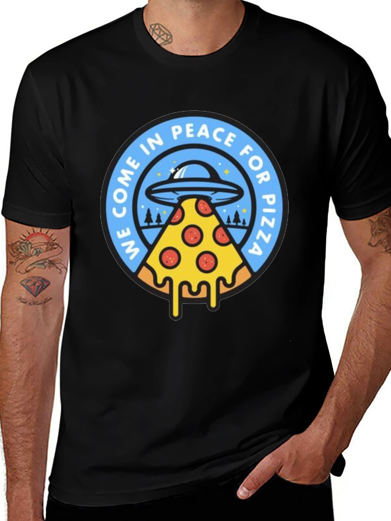 Variant 10 of Peace For Pizza T-Shirt Funny Alien UFO Tee