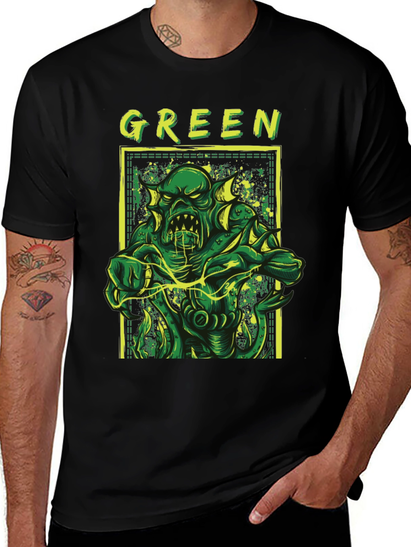 Variant 5 of Green Monster Graphic Tee - Black Horror T-Shirt