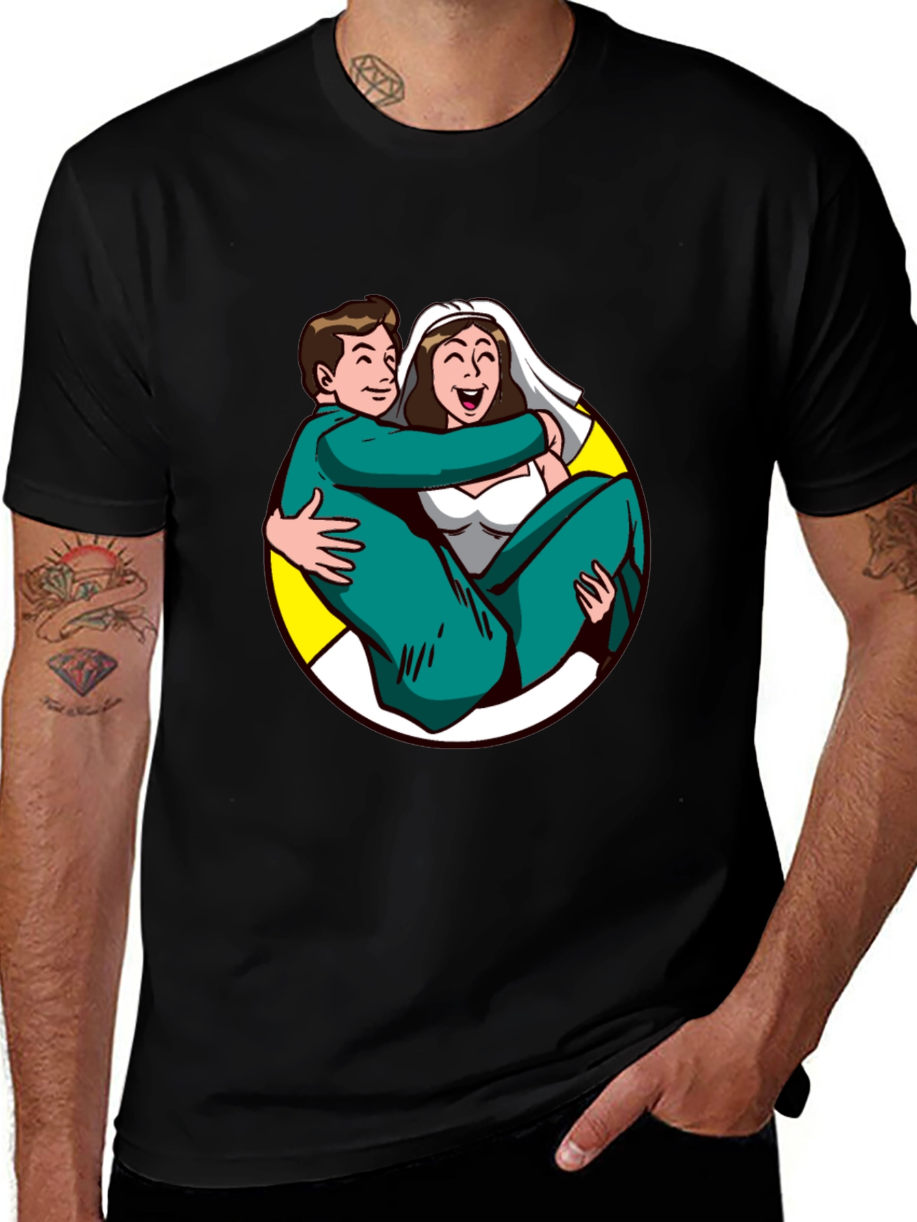 Variant 11 of Cartoon Bride and Groom Black T-Shirt