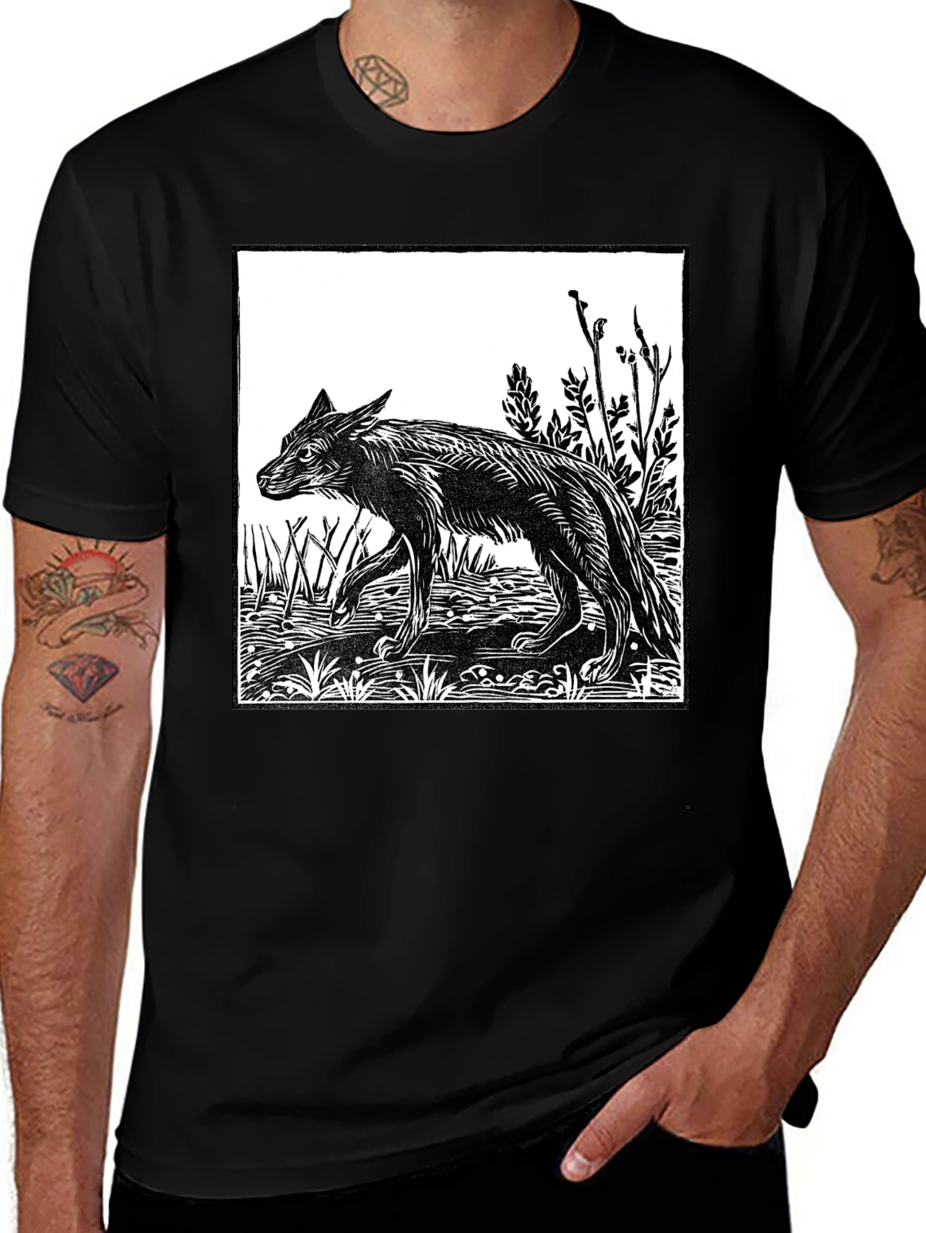 Variant 16 of Woodcut Wolf Graphic T-Shirt - Black