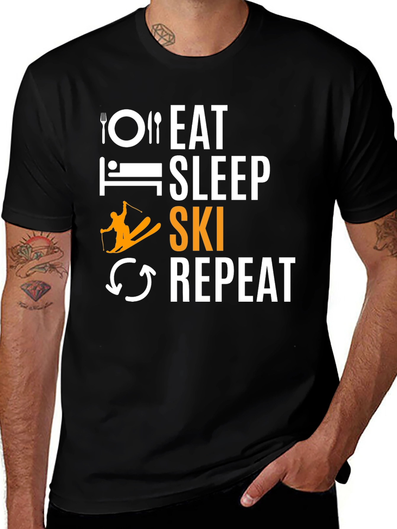 Variant 25 of Eat Sleep Ski Repeat Black Graphic Tee