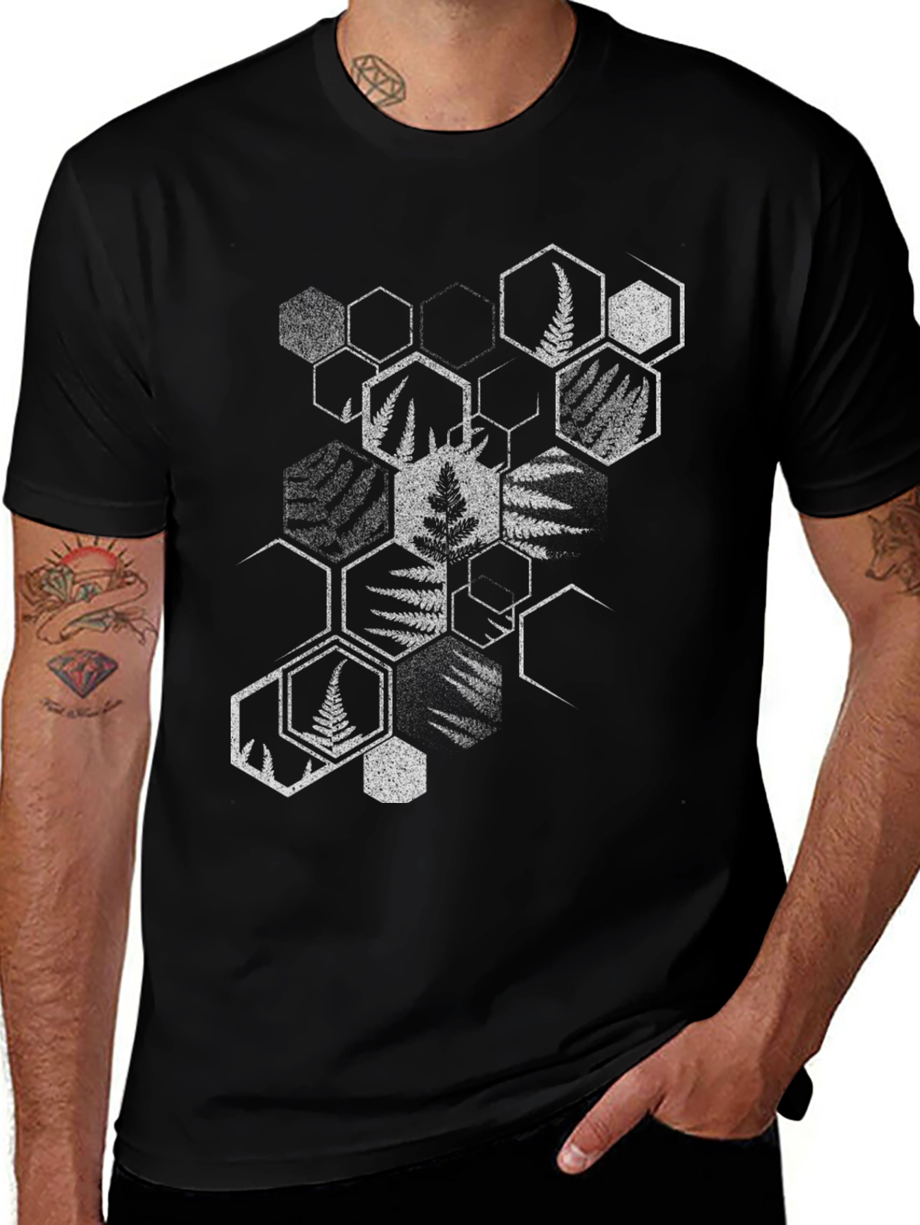Variant 24 of Abstract Fern Hexagon Print T-Shirt - Nature Inspired Design