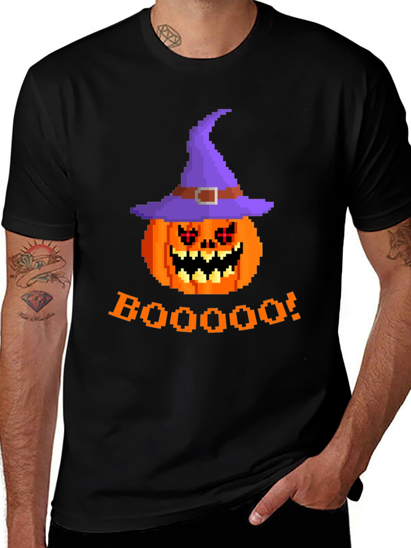 Variant 8 of Halloween Pumpkin Witch Hat Pixel T-Shirt