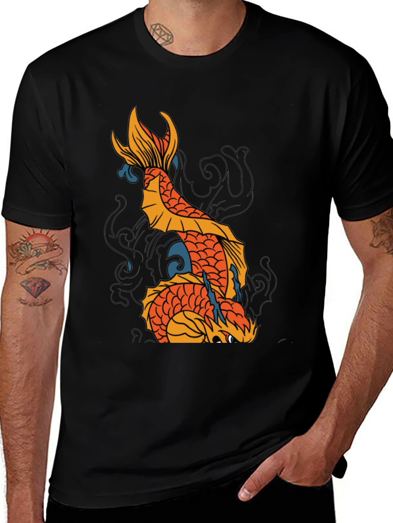 Variant 2 of Koi Fish Graphic Print Black T-Shirt
