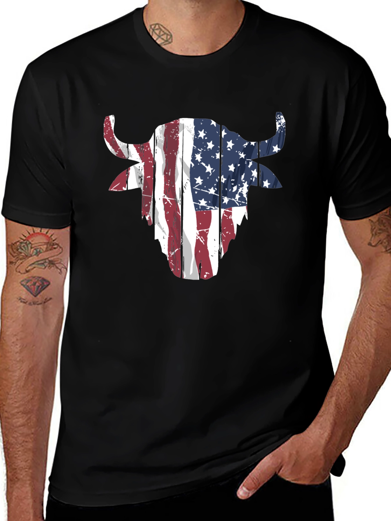 Variant 26 of American Flag Bull Head Graphic Tee - Black Cotton Blend