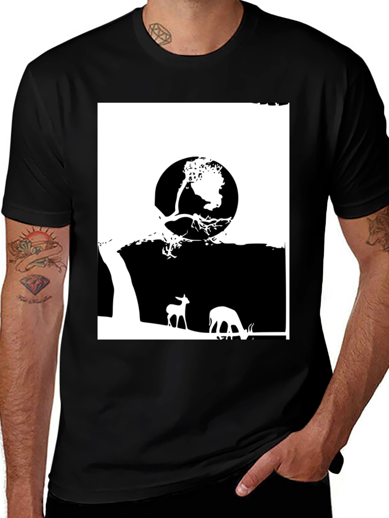 Variant 26 of Black T-Shirt with Deer & Moon Graphic