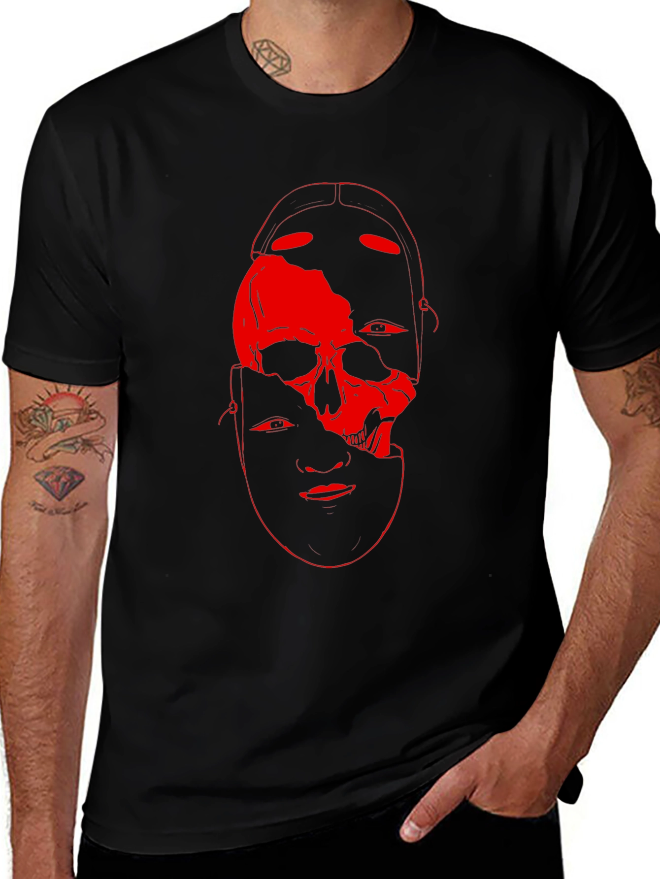 Variant 30 of Skull and Face Graphic Tee - Black Cotton Casual Shirt