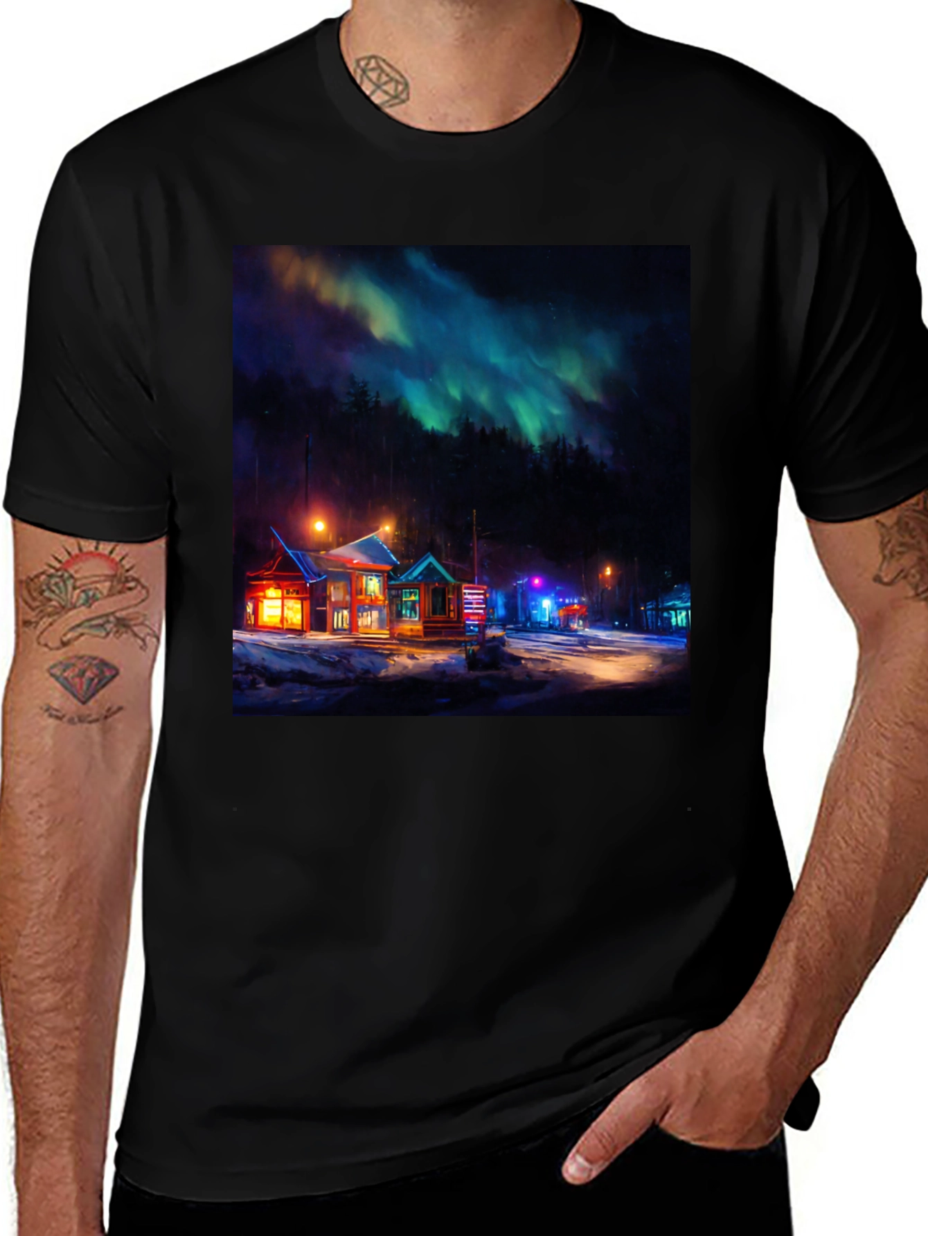 Aurora Borealis Village Black T-Shirt