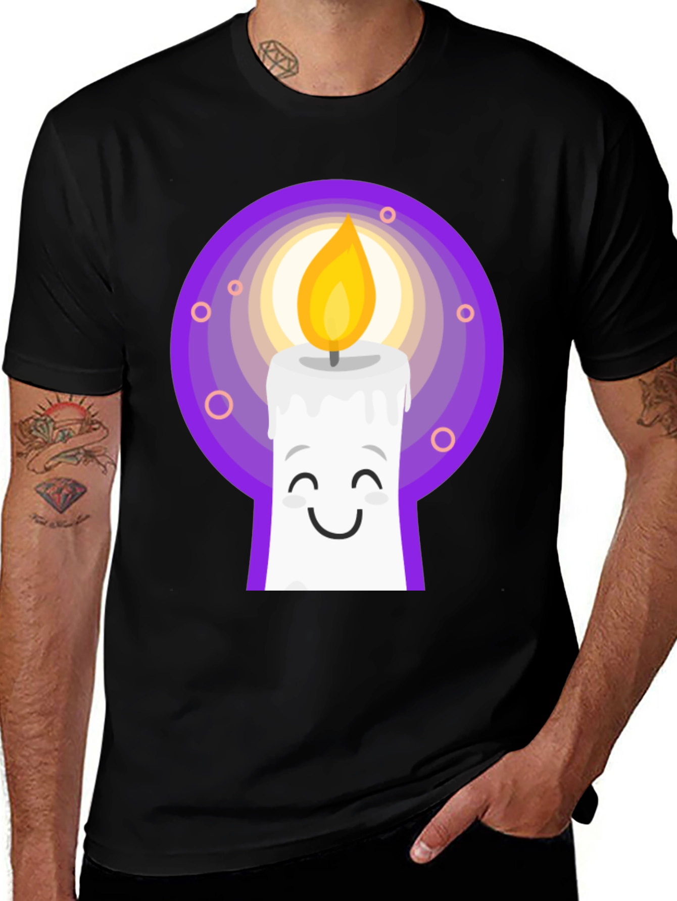 Cute Candle Cartoon Graphic Tee - Black