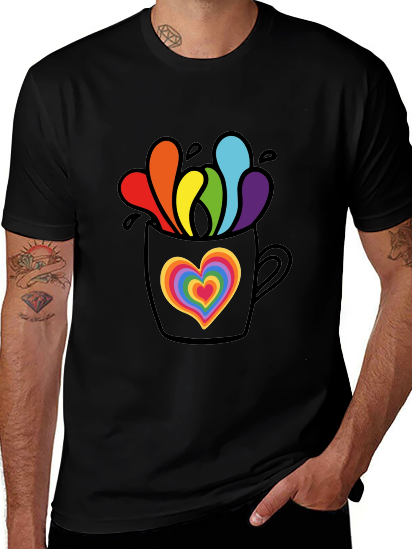 Black Rainbow Heart Mug Graphic Tee main image