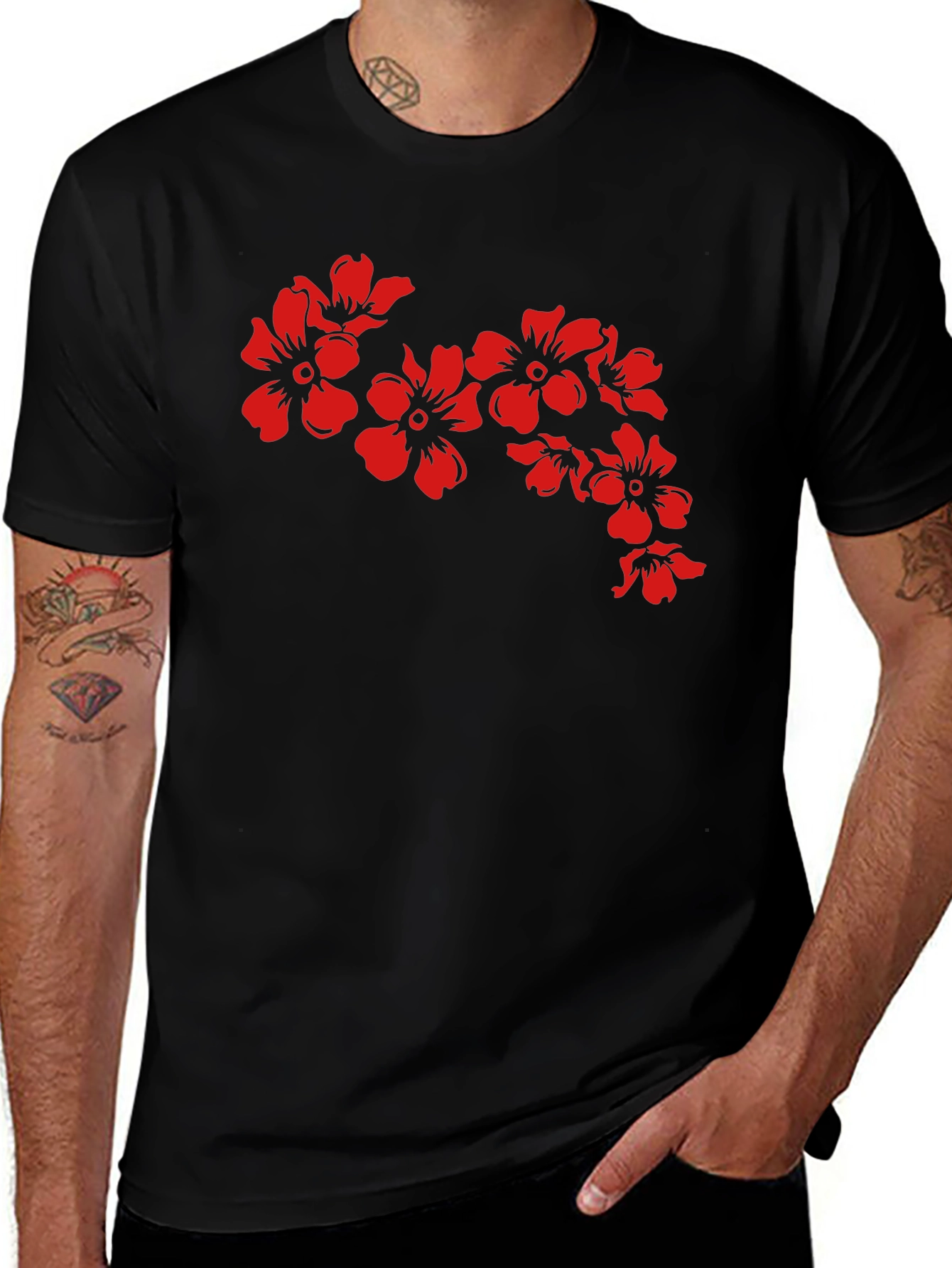 Variant 21 of Black T-Shirt with Red Floral Design