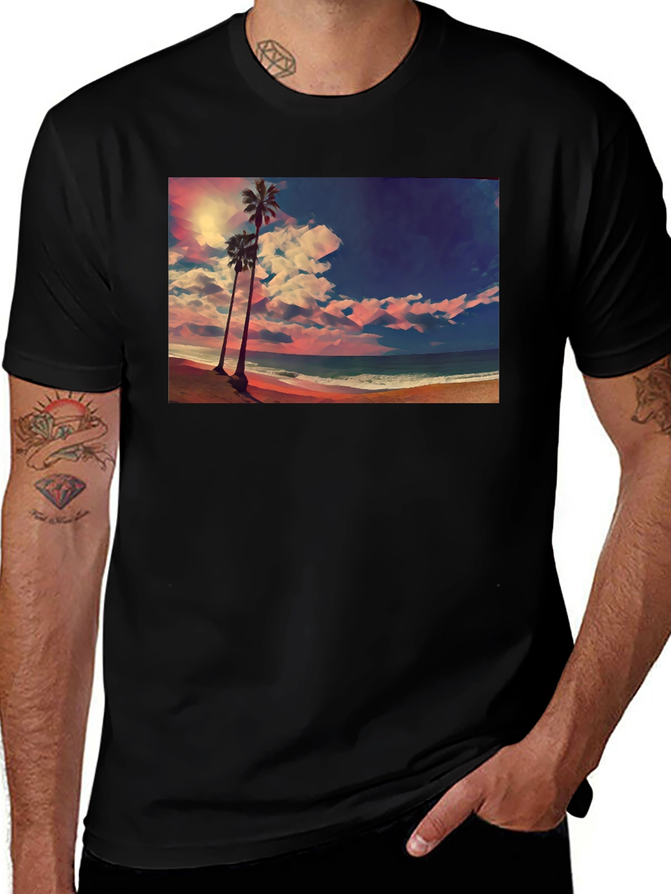 Variant 18 of Tropical Beach Palm Tree Graphic Black T-Shirt