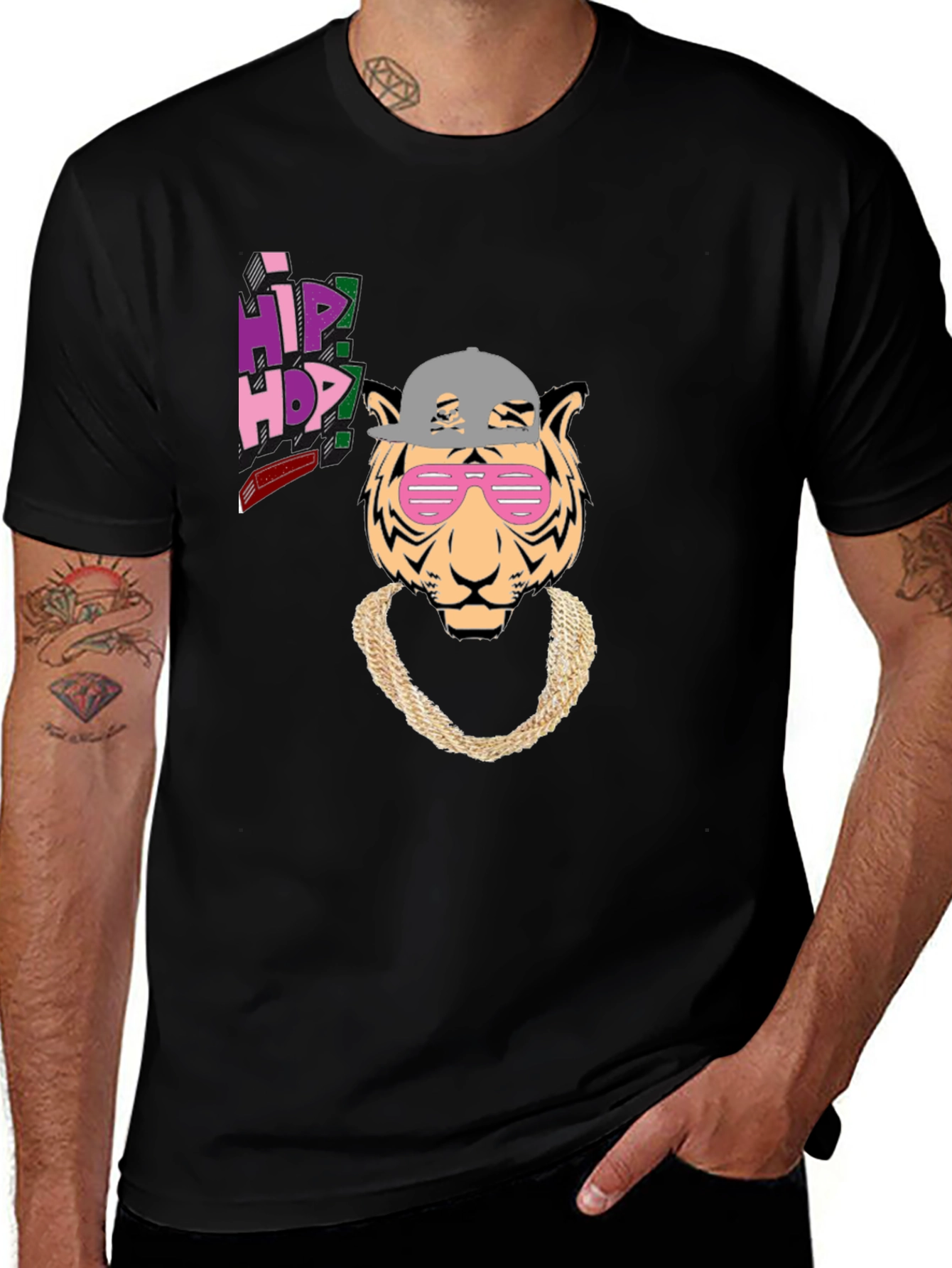 Variant 10 of Hip Hop Tiger Graphic Tee - Black Cotton T-Shirt