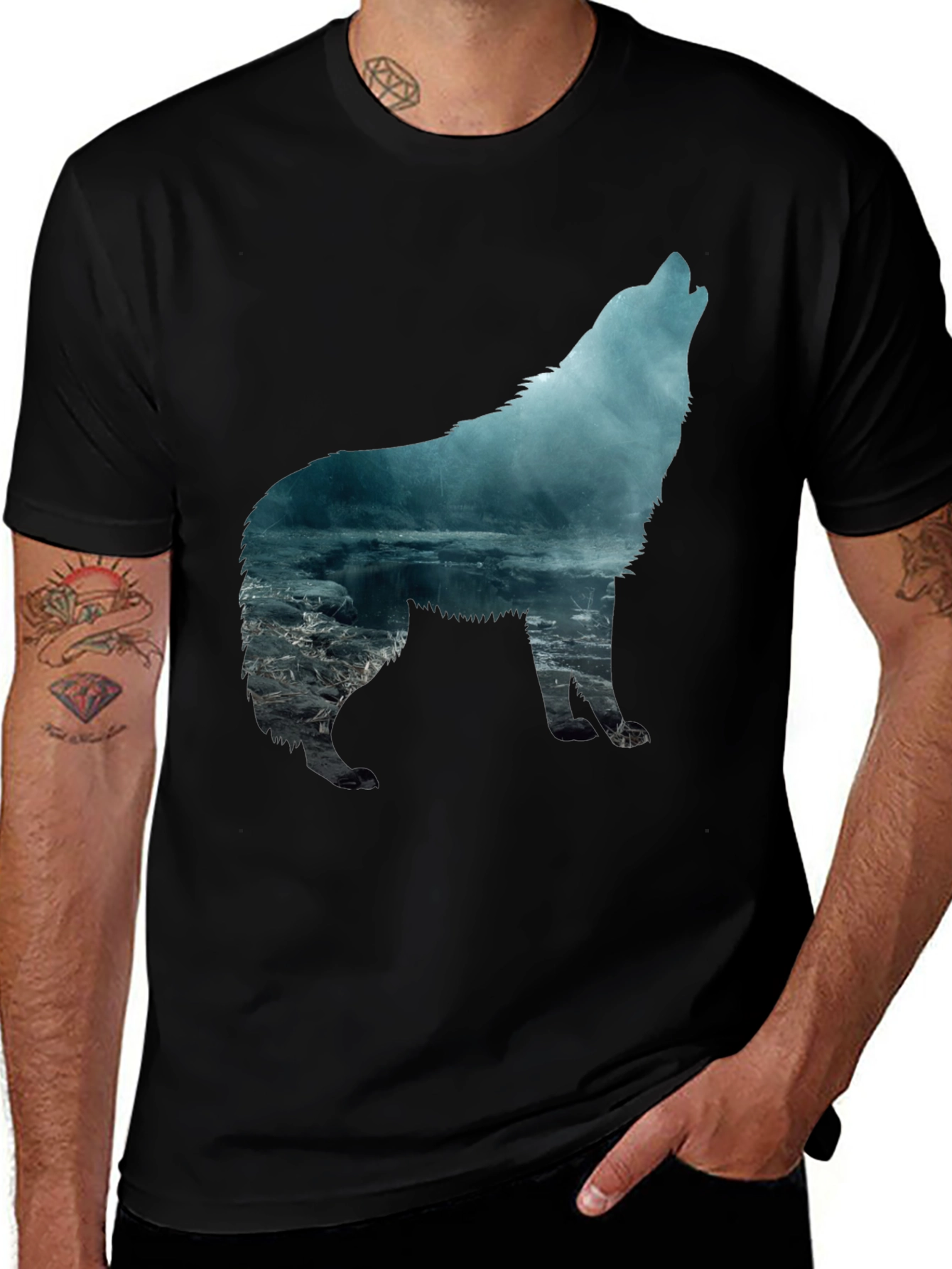 Variant 9 of Wolf Silhouette Graphic T-Shirt - Men's Black Tee