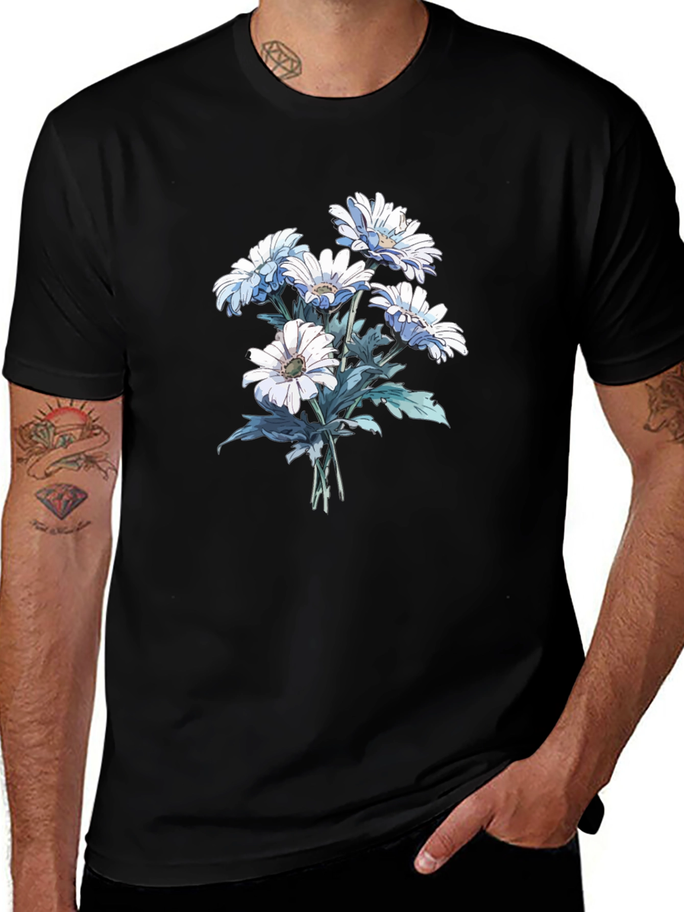 Variant 5 of Floral Print Tee - White Daisies on Black