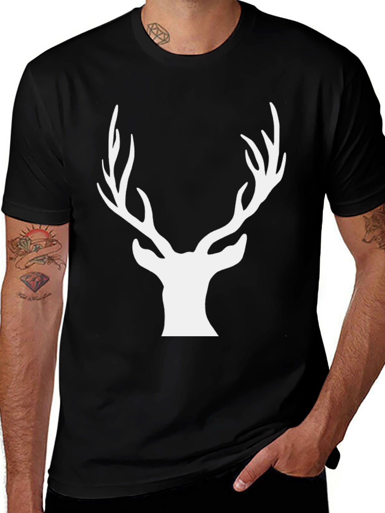Variant 24 of Stag Head Graphic Tee - Black Crew Neck