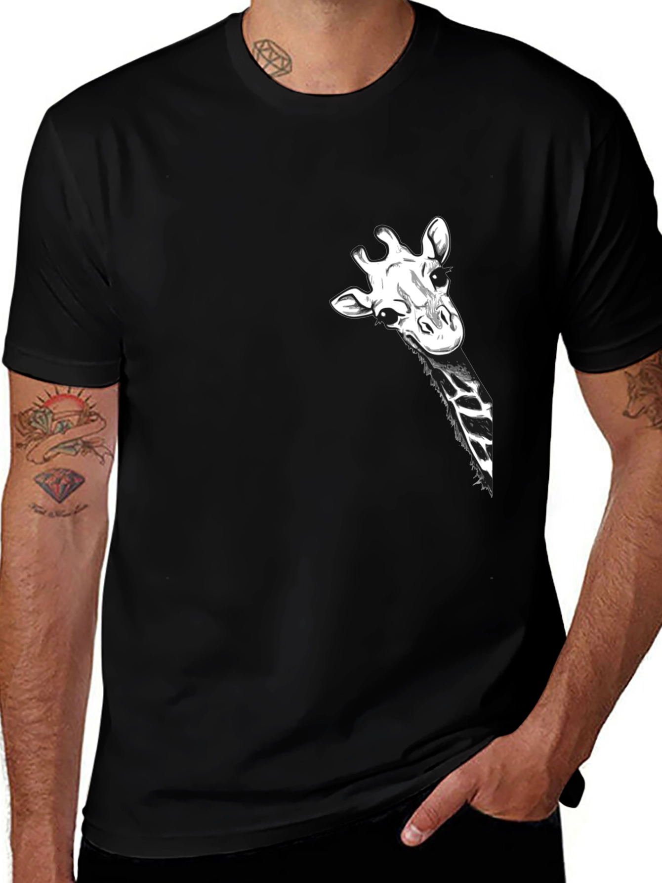 Variant 14 of Giraffe Peek Pocket Black T-Shirt - Novelty Tee
