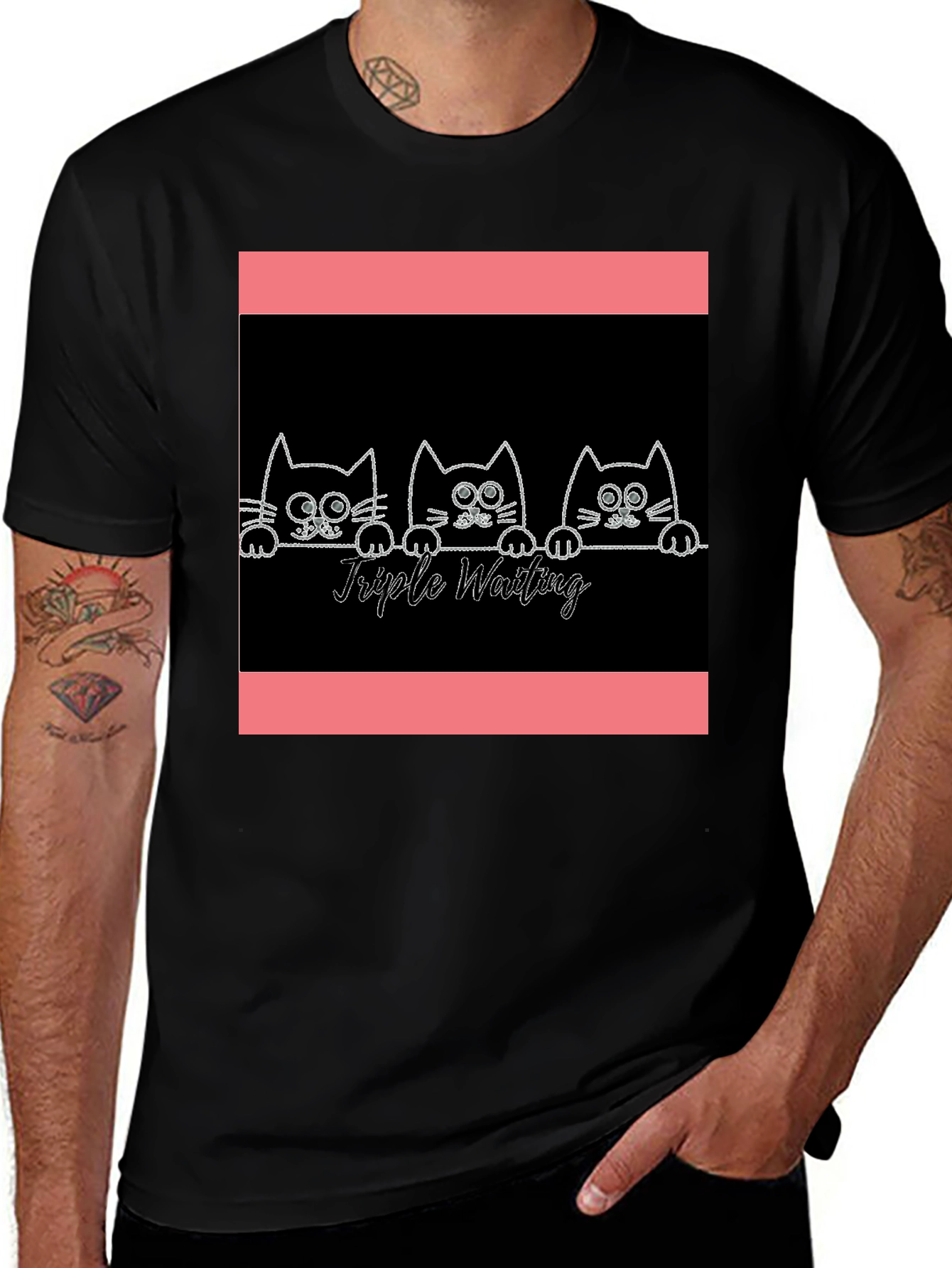 Variant 25 of Triple Waiting Cats Graphic Tee - Soft Black Cotton T-Shirt