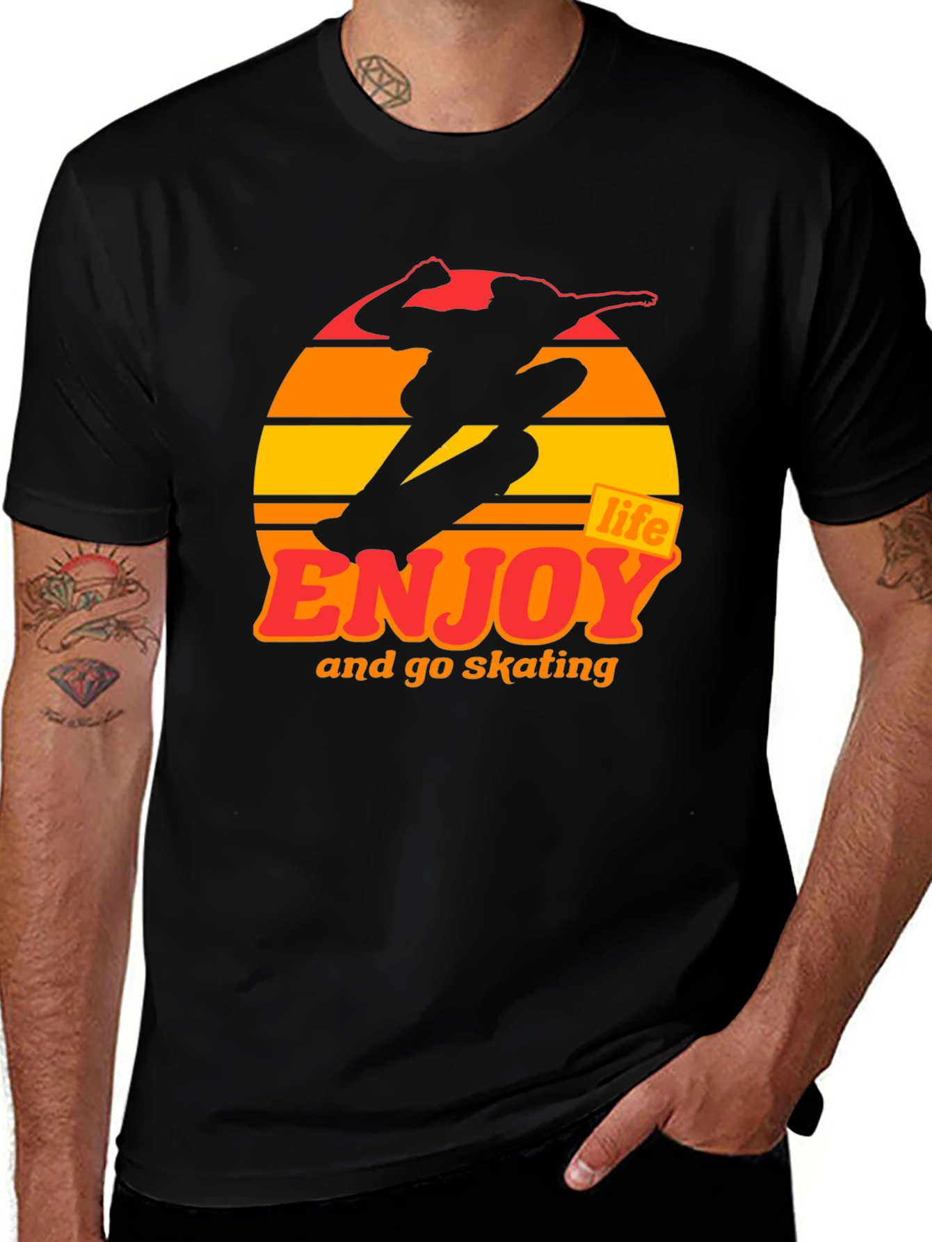 Black Enjoy Life Skateboarding T-Shirt - Retro Sunset Design main image