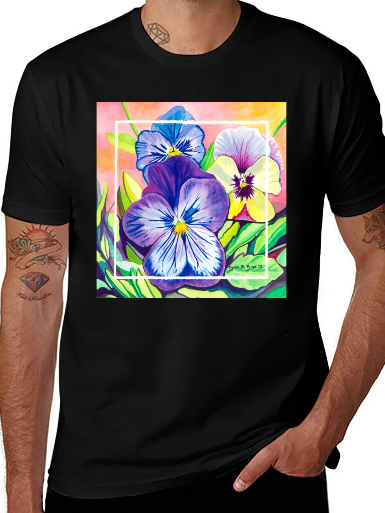 Black Floral Pansies Watercolor T-Shirt main image